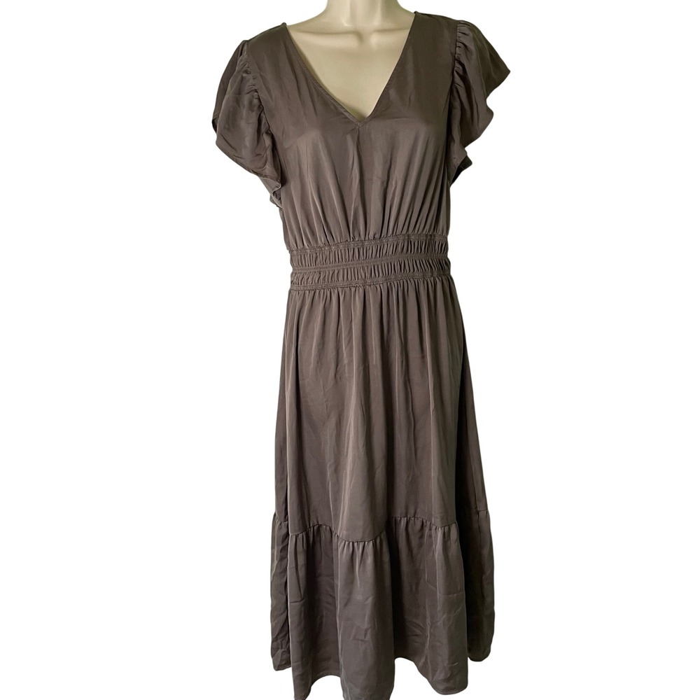 NWT Gap Satin Flutter Sleeve‎ Midi Dress Size M Brown Smocked Tiered Neutral